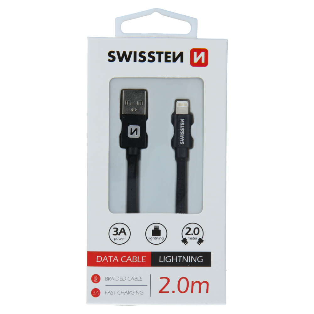 Textilný dátový kábel Swissten USB / LIGHTNING 2,0 M - čierny